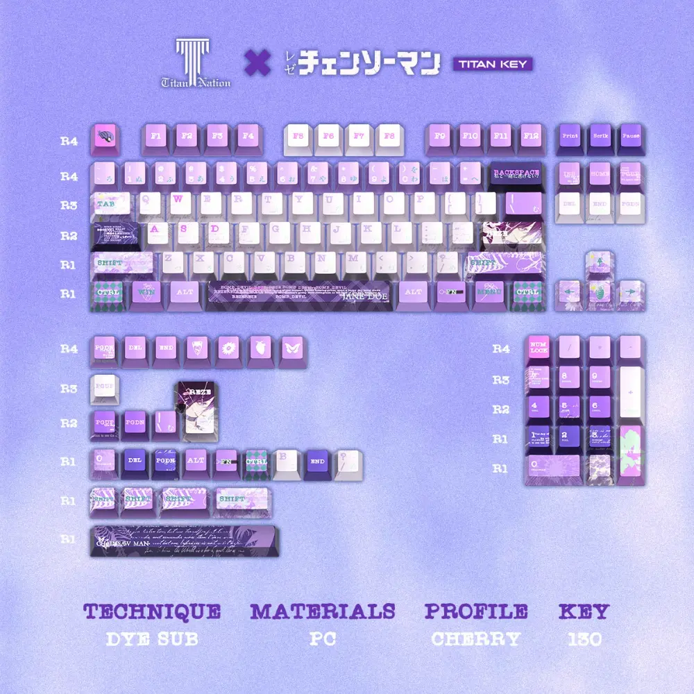 Reze Keycaps Cherry Profile 130 Keys Layout 130-key Cherry Profile Chainsaw Man Reze keycaps set with dye-sublimated PC materials and purple bomb devil motifs.