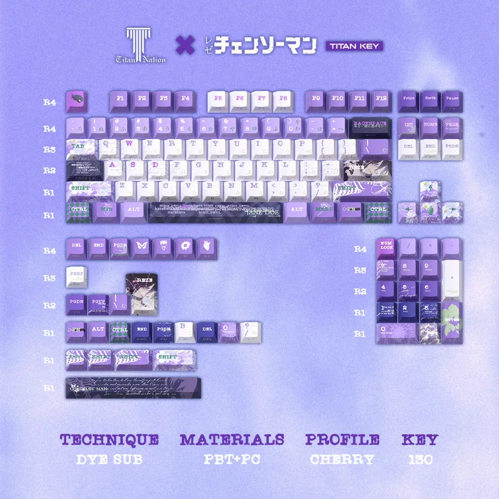 Chainsaw Man Reze Cherry Profile Keycaps Layout Purple and white Reze keycaps from Chainsaw Man displayed in a 130-key Cherry profile layout with anime artwork.