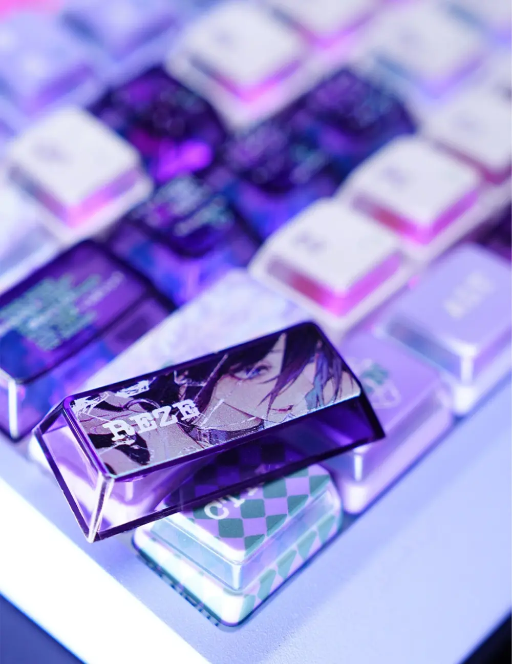 Chainsaw Man Reze Keycap Close Up Glossy Chainsaw Man Reze keycap featuring a character illustration on a lit keyboard.