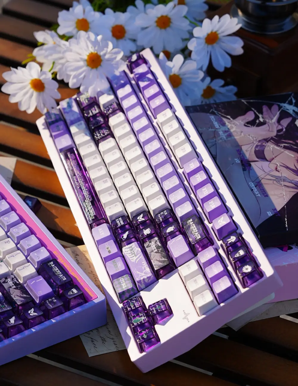 Reze Keycaps with Daisies Purple and white Reze keycaps on a mechanical keyboard with white daisy flowers and product box.