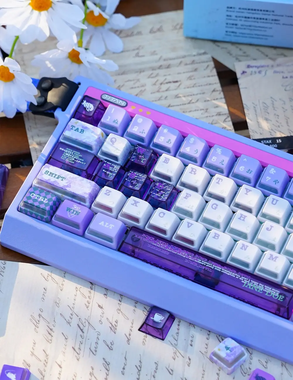 Reze Keycaps on Lilac Keyboard Close-up of Reze themed purple and white keycaps with Japanese sub-legends on a mechanical keyboard.