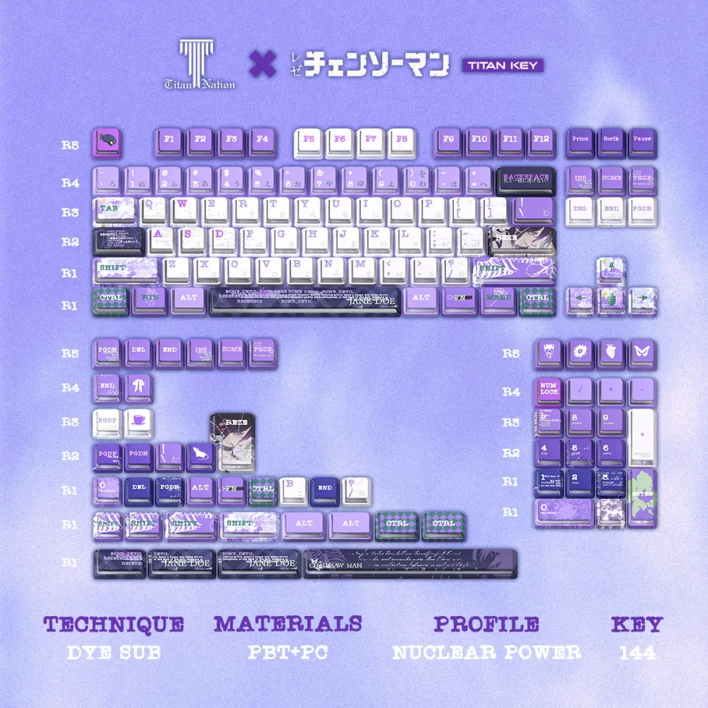 Chainsaw Man Reze Nuclear Power Profile Keycap Layout Complete 144-key layout of Chainsaw Man Reze Nuclear Power profile keycaps in purple and white.