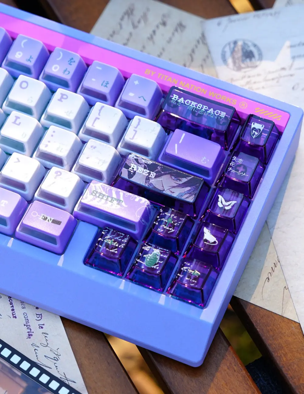 Reze Keycaps Purple Board Setup Close up of Reze keycaps on a purple keyboard featuring white and transparent purple keys with anime designs.