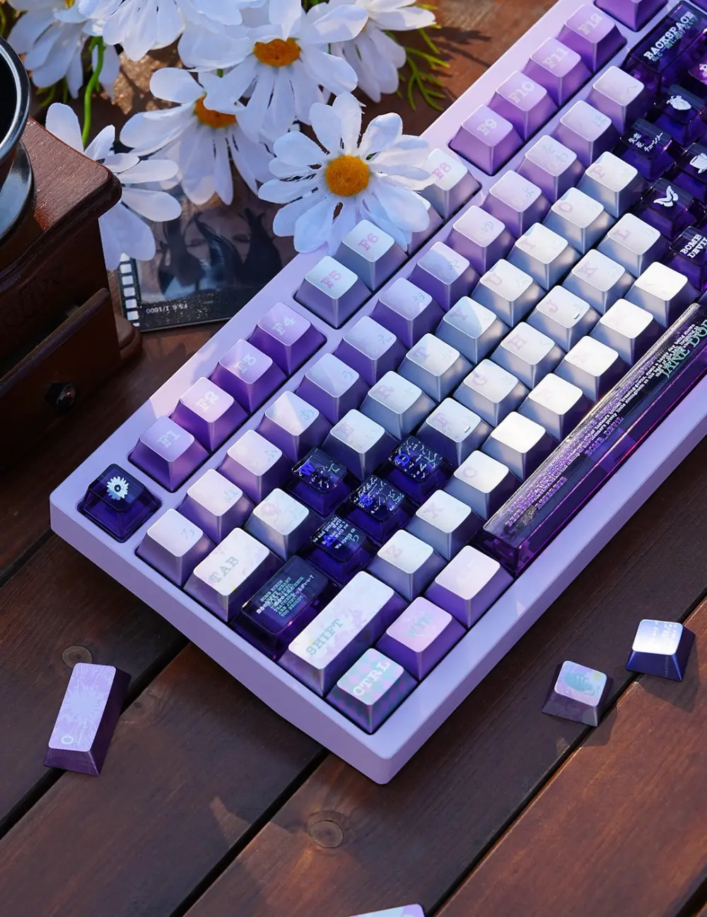 Chainsaw Man Reze Keycaps Purple Metallic Set Reze keycaps from Chainsaw Man featuring metallic coated and translucent purple keys on a wooden table.