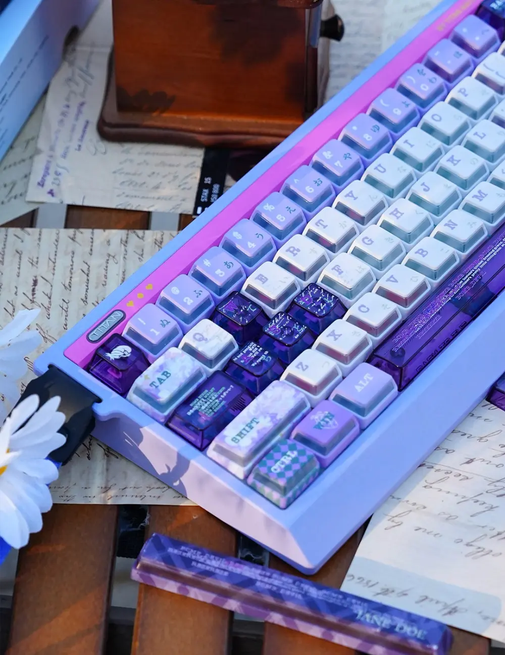Chainsaw Man Reze Keycaps Keyboard Build Angled view of Reze keycaps installed on a light purple keyboard featuring white and dark purple translucent keys.