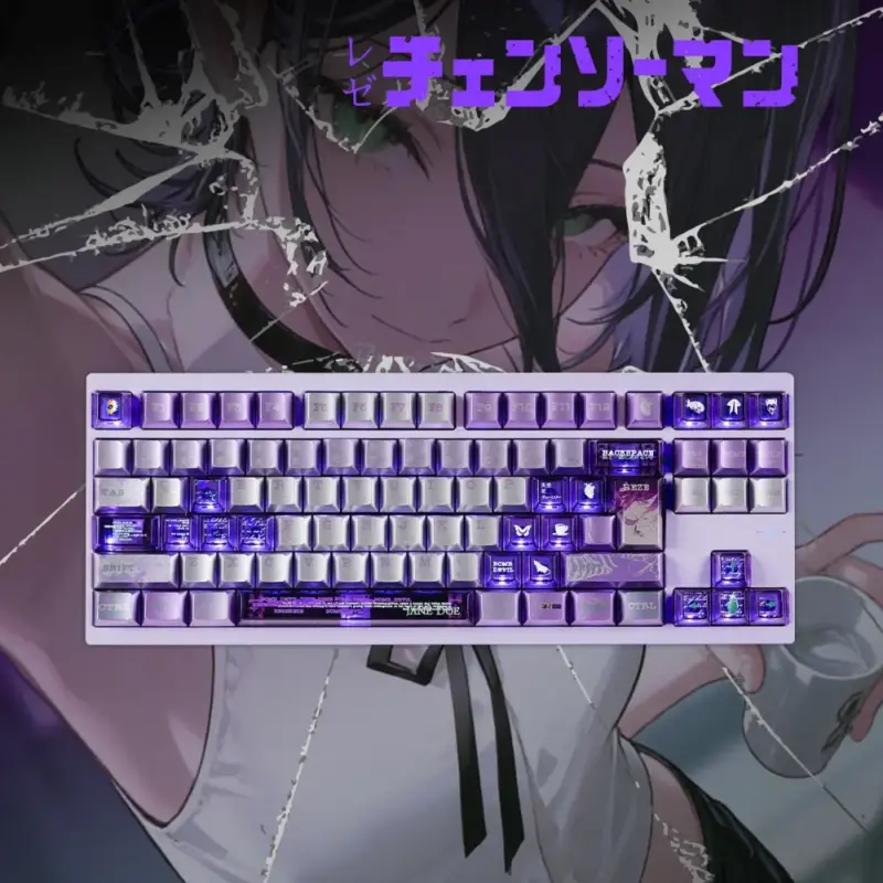 Chainsaw Man Reze Purple Keycaps on Keyboard Chainsaw Man Reze keycaps displayed on a keyboard with purple lighting and anime background.