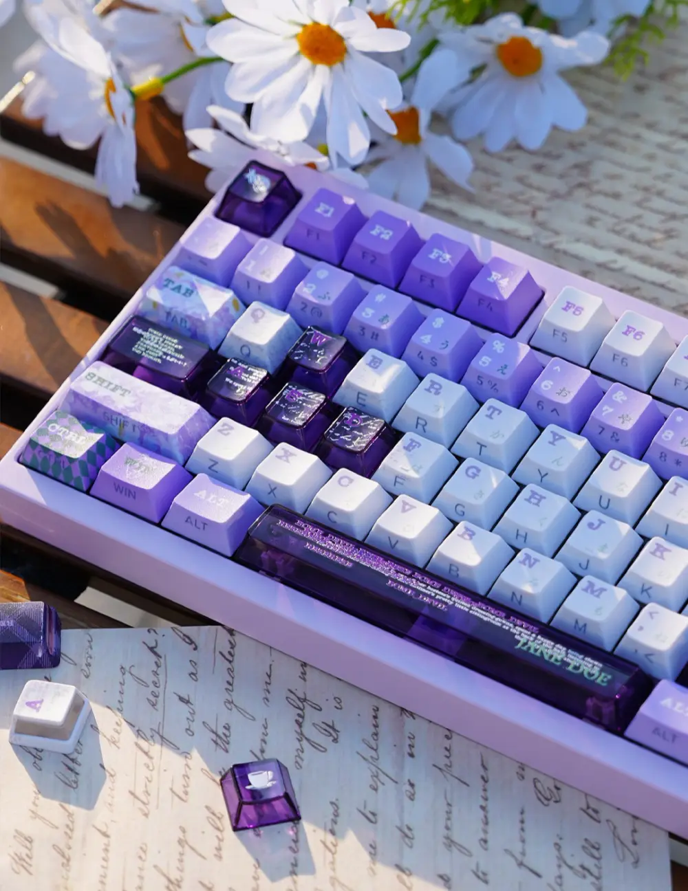 Chainsaw Man Reze Keycaps Setup Chainsaw Man Reze keycaps featuring purple, white, and dark translucent keys displayed with daisies.