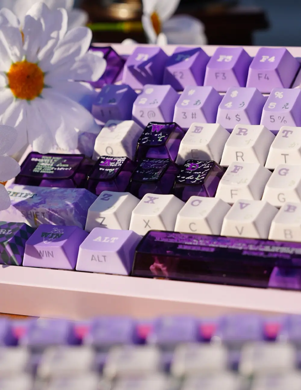 Reze Keycaps Purple and White Close Up Chainsaw Man Reze keycaps in white and purple with translucent dark purple accent keys on a pink board.