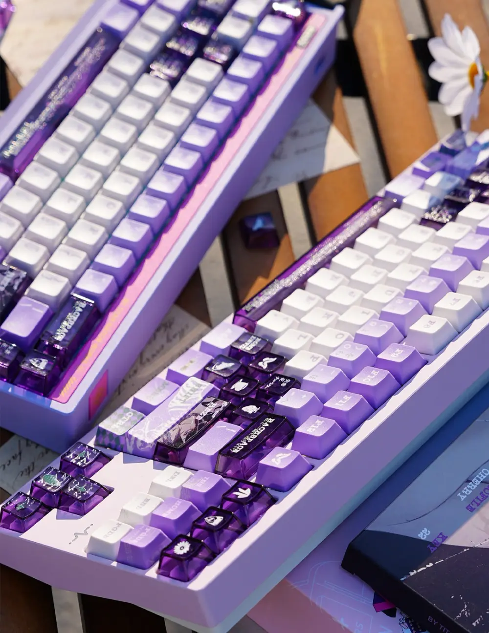 Chainsaw Man Reze Keycaps Purple White Chainsaw Man Reze Keycaps in purple and white installed on two keyboards showing glossy metallic accents.
