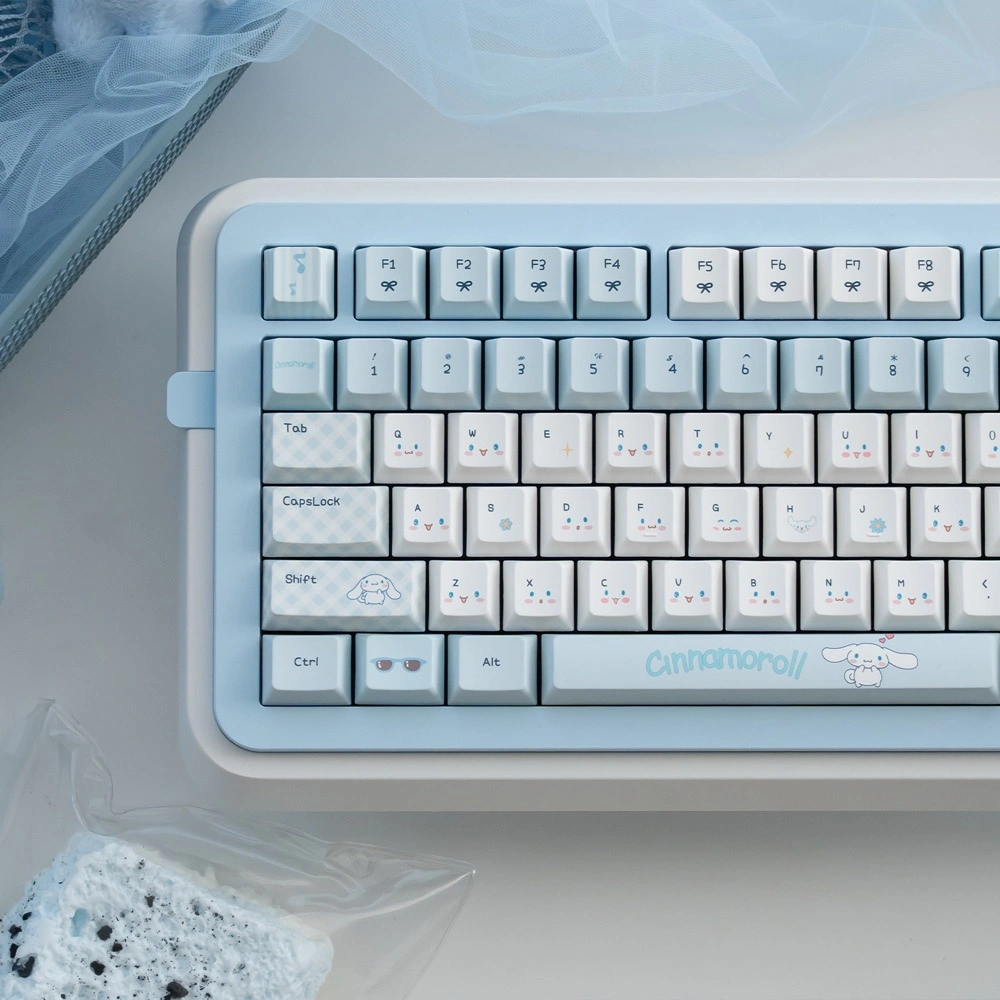 Cinnamoroll PBT keycap set with blue and white Sanrio-themed keycaps on a mechanical keyboard
