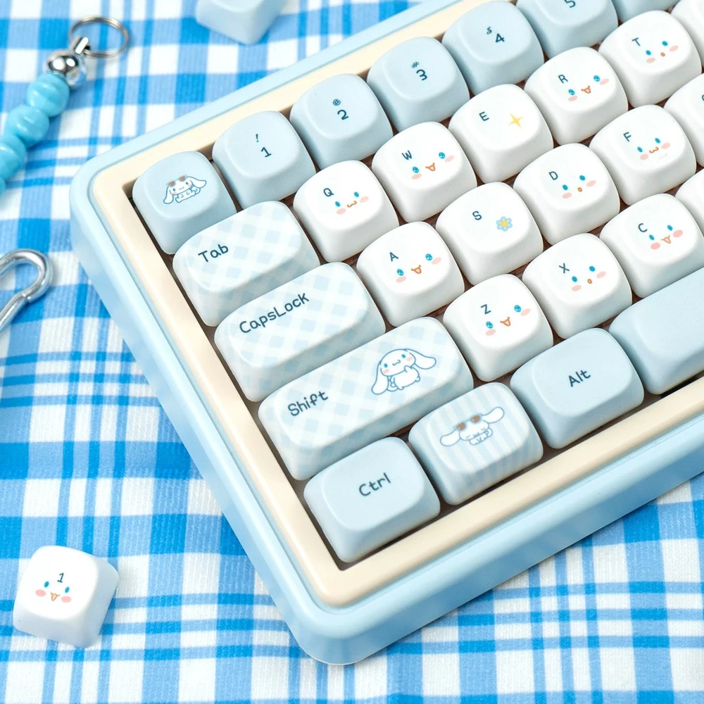 Cinnamoroll MOA Profile PBT uniform-height keycaps on a mechanical keyboard with spherical indent tops
