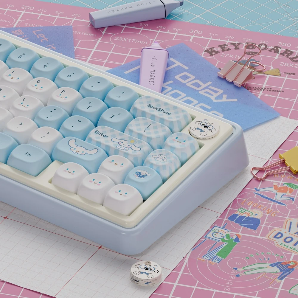 Side view of Cinnamoroll MOA Profile PBT keycaps showing uniform key height and spherical top profile