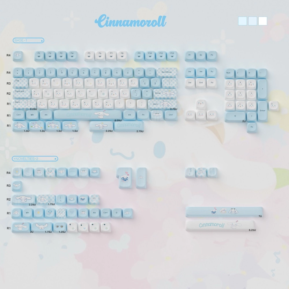MOA Profile uniform keycap layout diagram showing consistent row height with spherical indent tops for Cinnamoroll PBT keycaps
