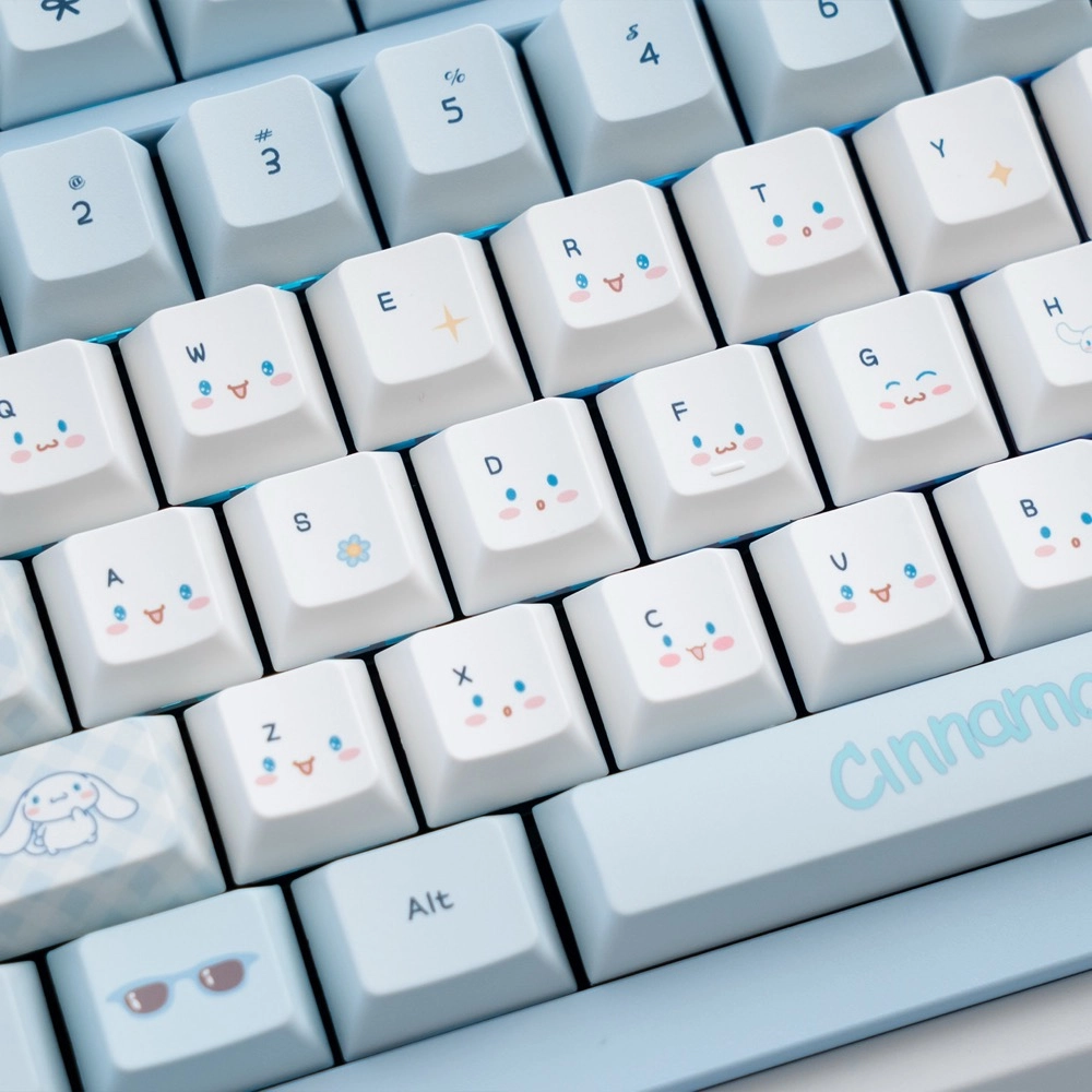 Close up of Cinnamoroll Cherry Profile PBT keycaps showing dye-sublimated character artwork and matte finish