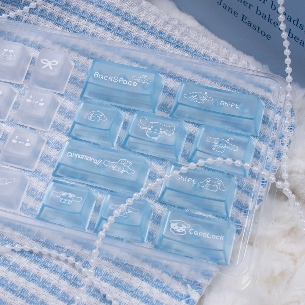 Cinnamoroll PC polycarbonate 26-key translucent extension kit laid out showing all modifiers and accents
