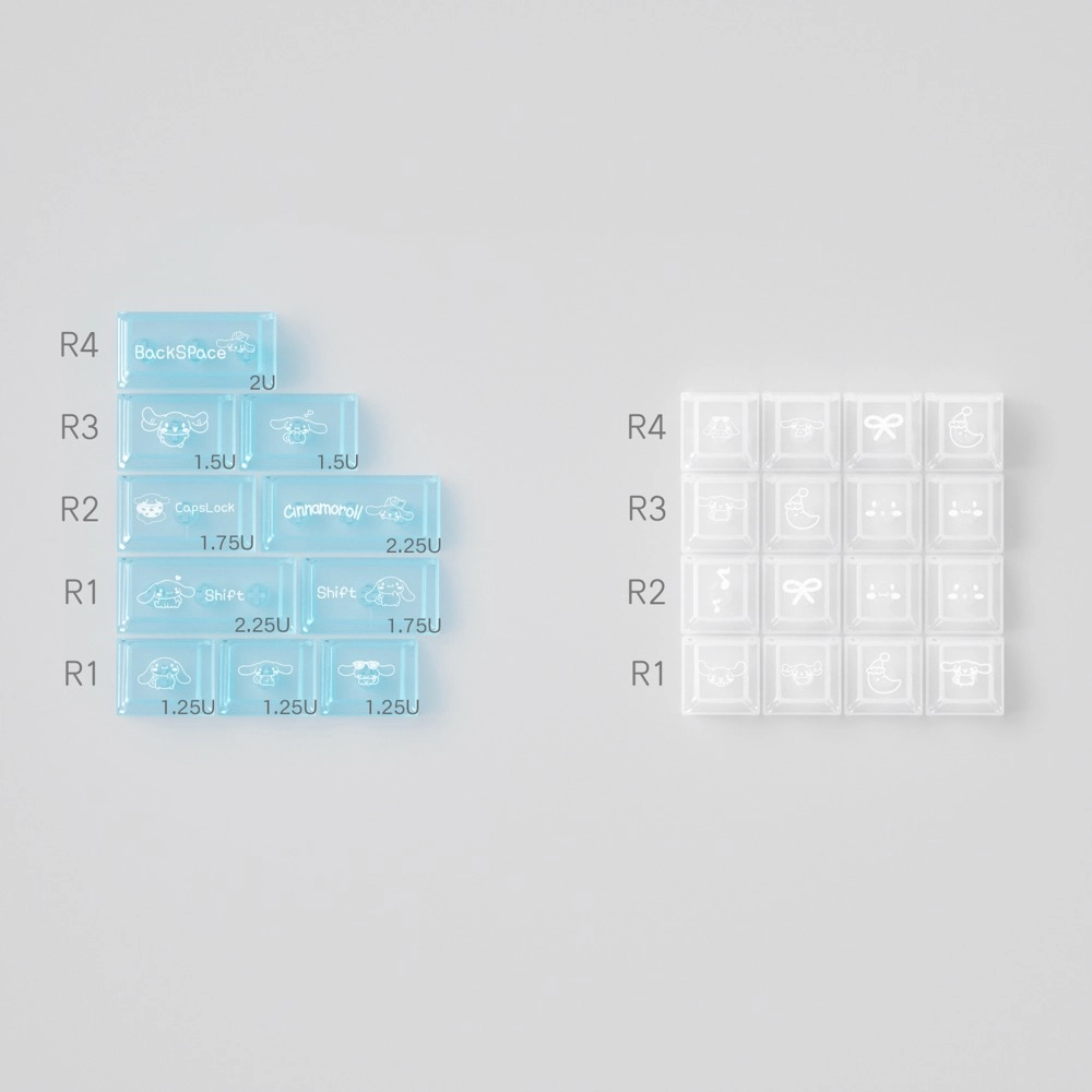 Cinnamoroll 26-key PC polycarbonate extension kit layout showing translucent modifier and accent keycaps