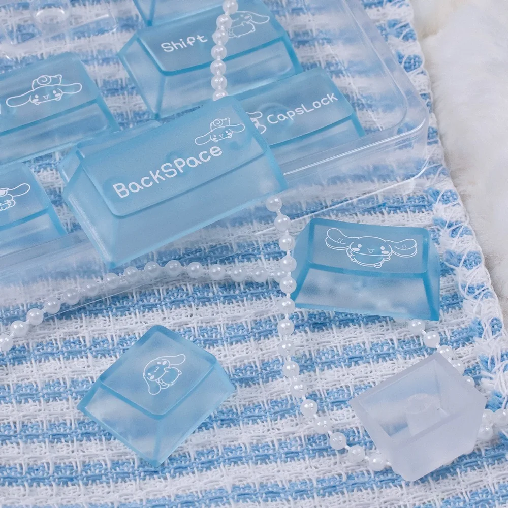 Cinnamoroll PC polycarbonate translucent modifier and accent keycaps on a mechanical keyboard with backlighting