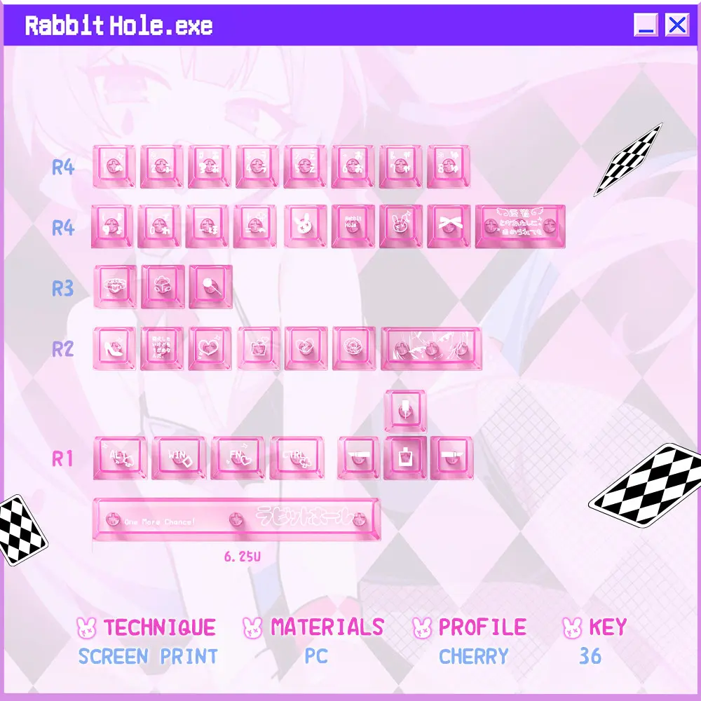 Hatsune Miku 36 Key PC Expansion Kit Hatsune Miku keycaps optional 36-key transparent PC expansion kit with pink cherry profile novelty keys and spacebar.