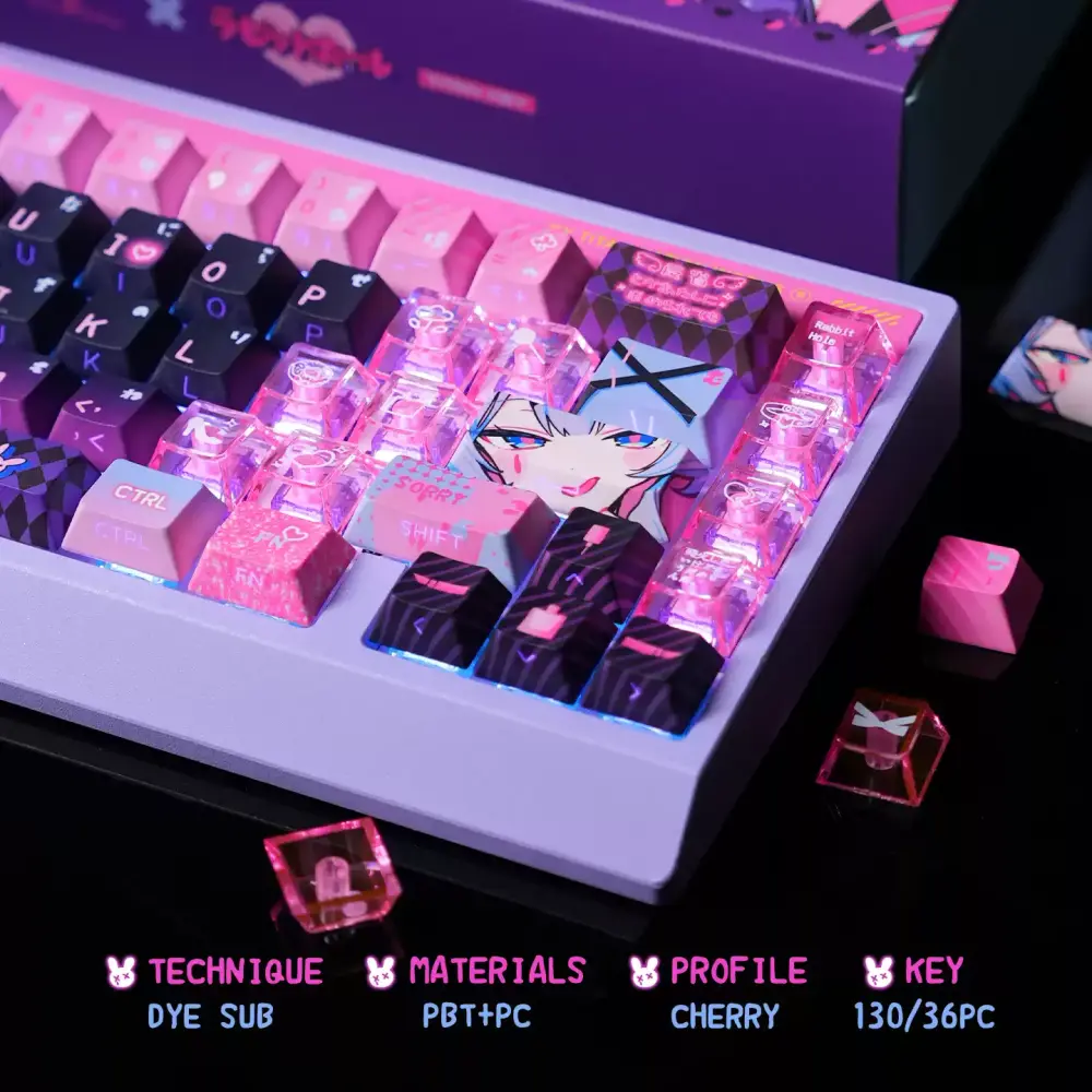 Hatsune Miku Rabbit Hole Keycaps PC Sides Close-up of Hatsune Miku keycaps with matte PBT tops and clear PC sides illuminated by pink keyboard lighting.