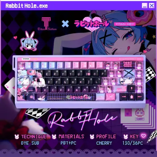 Hatsune Miku Rabbit Hole Keycaps Overview Top view of Hatsune Miku Rabbit Hole keycaps showcasing neon glitch anime designs and side-lit keys.