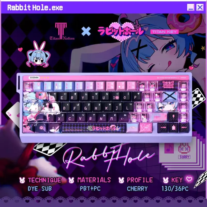 Rabbit Hole Anime Keycaps Overview Top view of Rabbit Hole anime keycaps with neon graphics and side-lit keys.