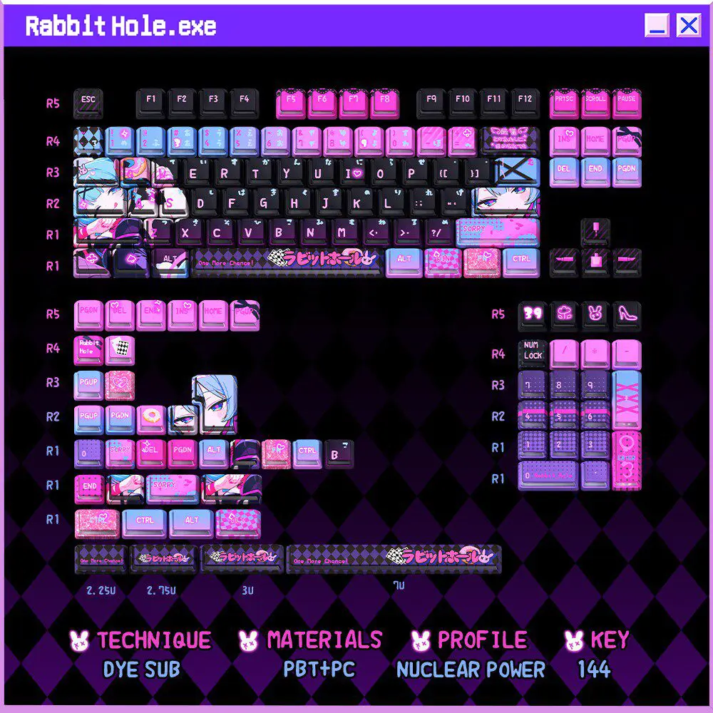 Hatsune Miku Rabbit Hole Keycaps Full Layout Full layout view of 144-key Hatsune Miku keycaps in Nuclear Power profile with pink and purple neon glitch artwork.