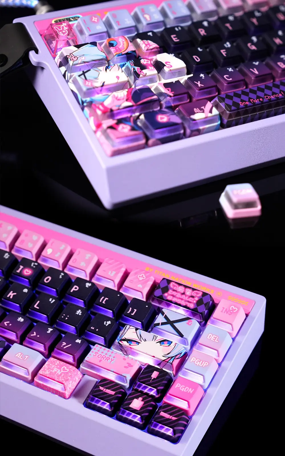 Hatsune Miku Rabbit Hole Side-Lit Keycaps Close-Up Purple and pink Hatsune Miku keycaps on a keyboard with clear PC sides illuminating RGB lights.