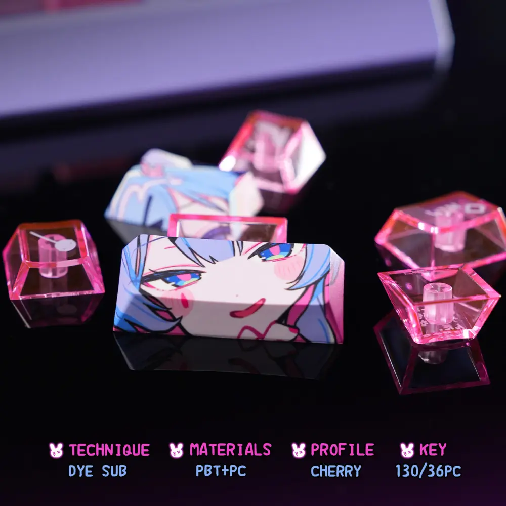 Hatsune Miku Rabbit Hole Specs Close-Up Scattered Hatsune Miku Rabbit Hole keycaps highlighting the PBT and PC blend, cherry profile, and clear pink sides.