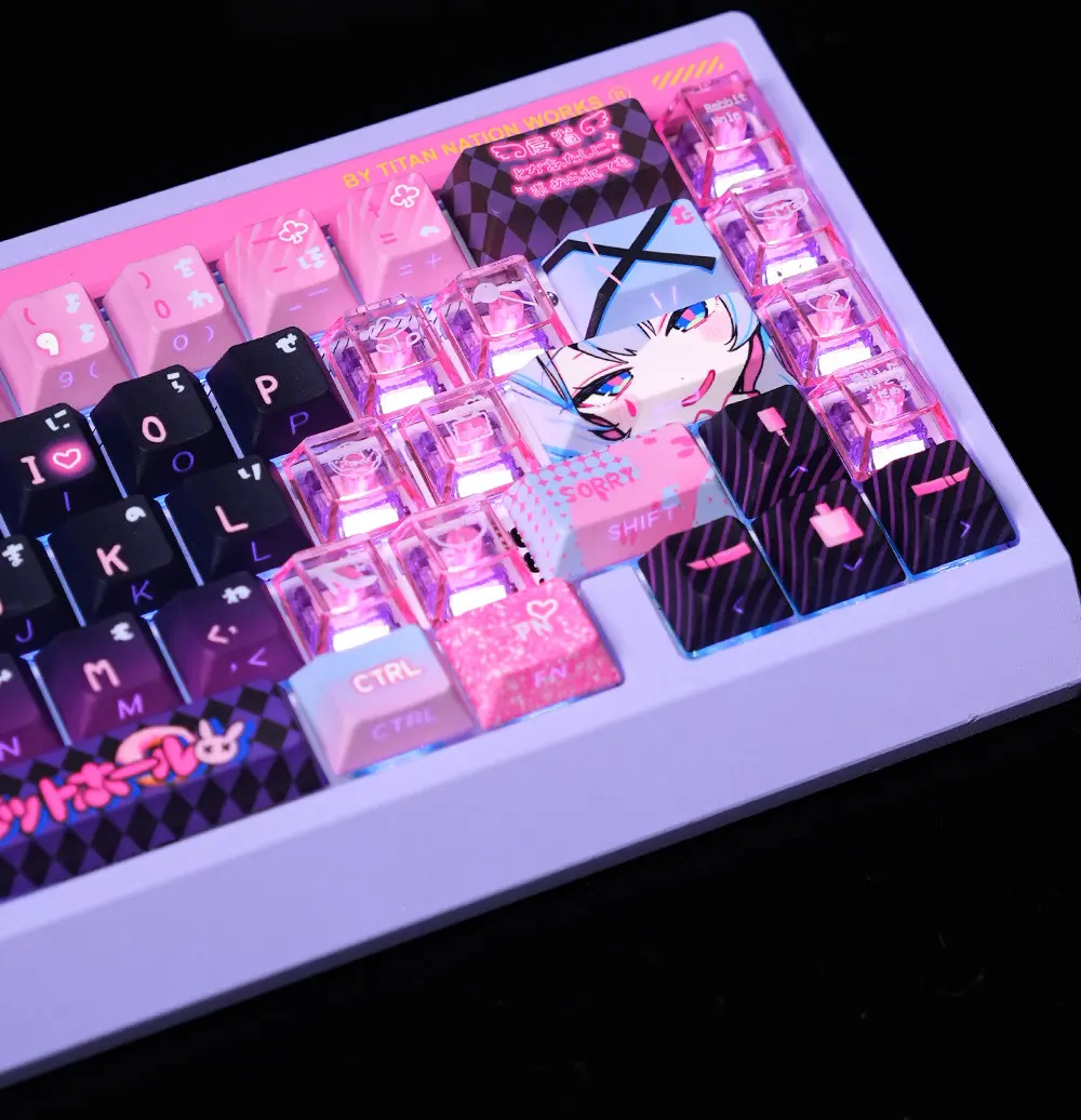 Hatsune Miku Rabbit Hole Keycaps Close Up Hatsune Miku keycaps on a keyboard featuring anime artwork, pink tops, and side-lit RGB illumination.