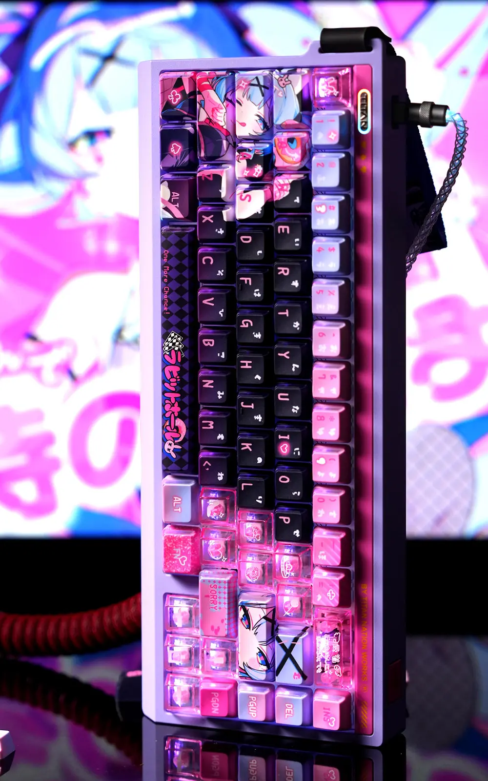 Hatsune Miku Rabbit Hole RGB Keycaps Purple keyboard featuring Hatsune Miku keycaps with PBT tops and side-lit clear PC edges illuminated by pink RGB.