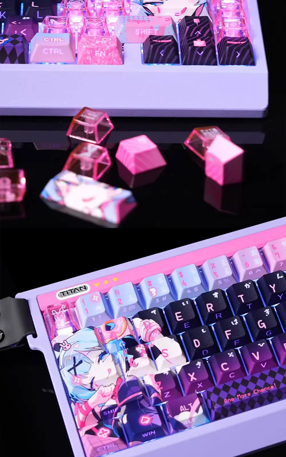 Hatsune Miku Rabbit Hole Keycaps Anime Design Hatsune Miku keycaps featuring matte PBT tops and clear PC sides illuminated by pink and purple RGB lighting.