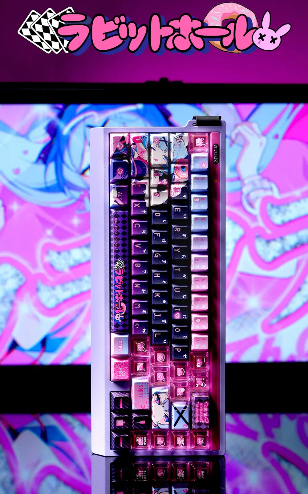 Hatsune Miku Rabbit Hole Keycaps Vertical View Hatsune Miku keycaps on a vertically positioned keyboard showcasing anime art and side-lit RGB glow.
