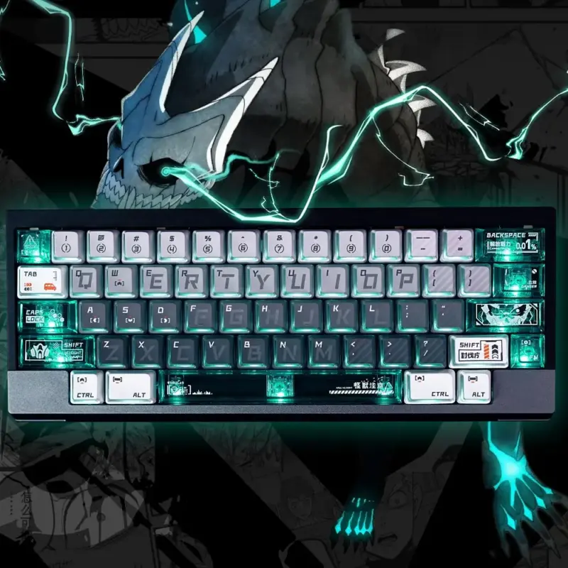 Kaiju No. 8 Nuclear Power Keycaps Mechanical keyboard featuring Kaiju No. 8 merchandise side-lit keycaps with vibrant cyan RGB illumination.