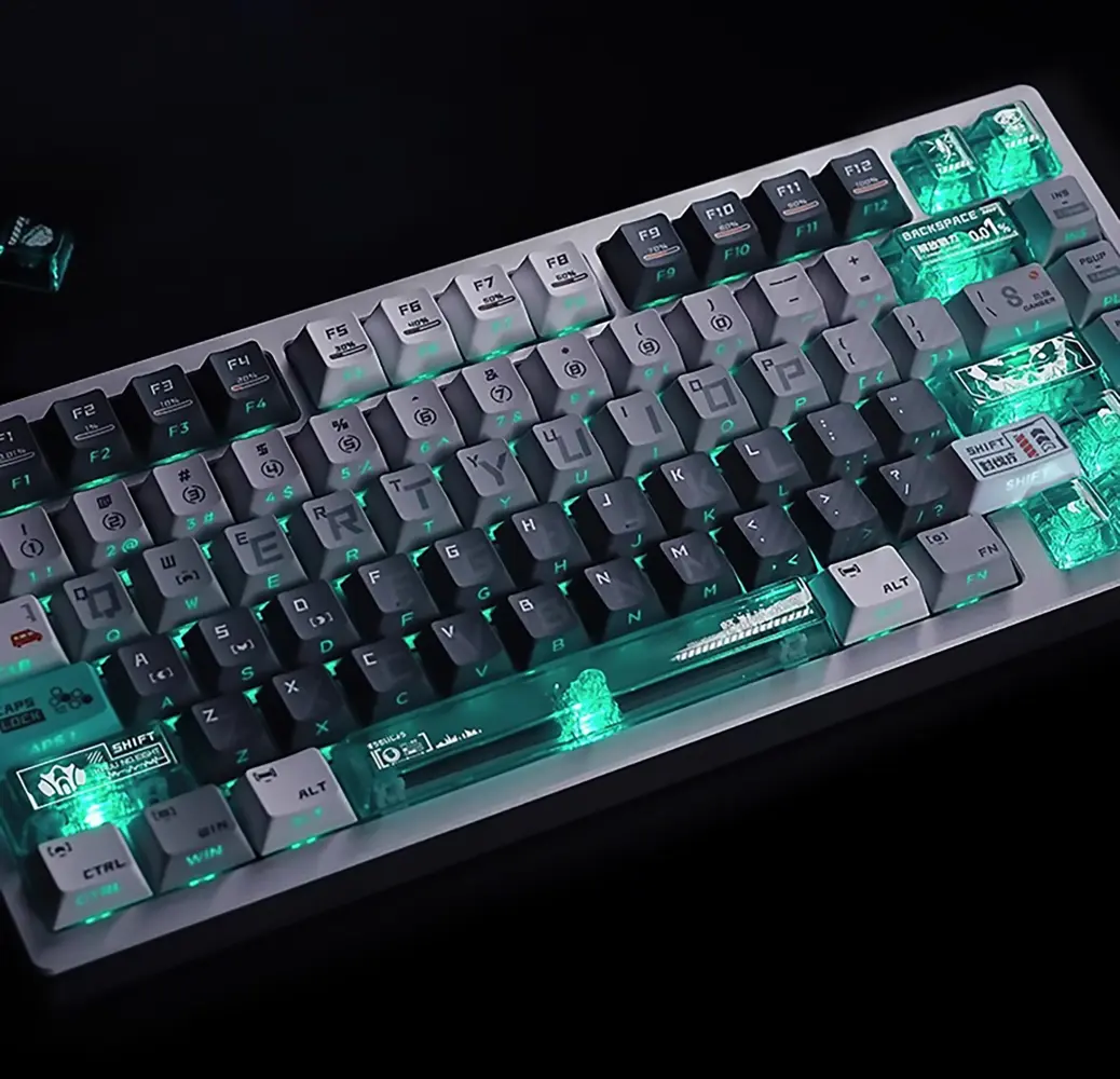 Mechanical keyboard featuring Kaiju No. 8 side-lit keycaps with grey alphas and vibrant green translucent modifiers.