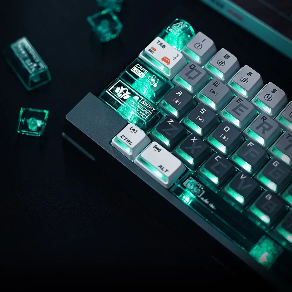 Kaiju No. 8 Nuclear Power side-lit keycaps illuminated with green RGB lighting on a keyboard.