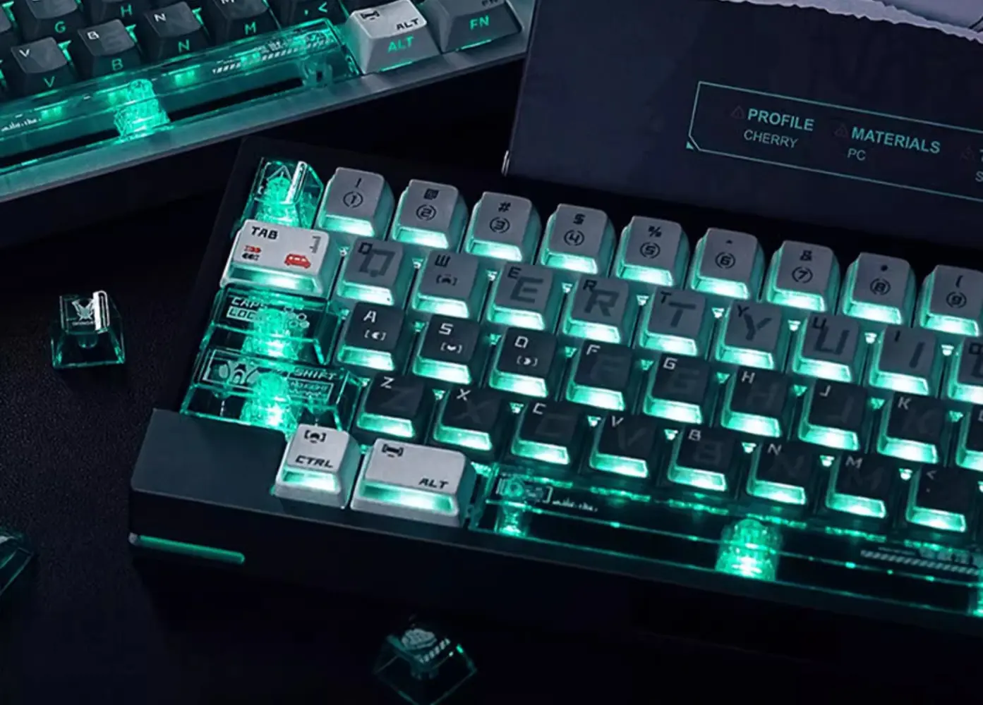 Mechanical keyboard with Kaiju No. 8 merchandise keycaps featuring frosted PBT tops and bright green glowing edges.