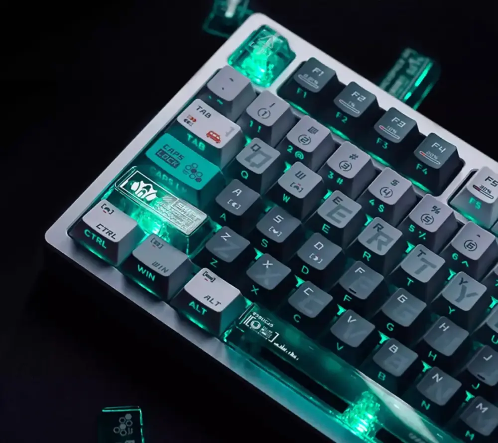 Mechanical keyboard featuring Kaiju No. 8 theme keycaps with glowing green side-engraved legends and clear PC edges.