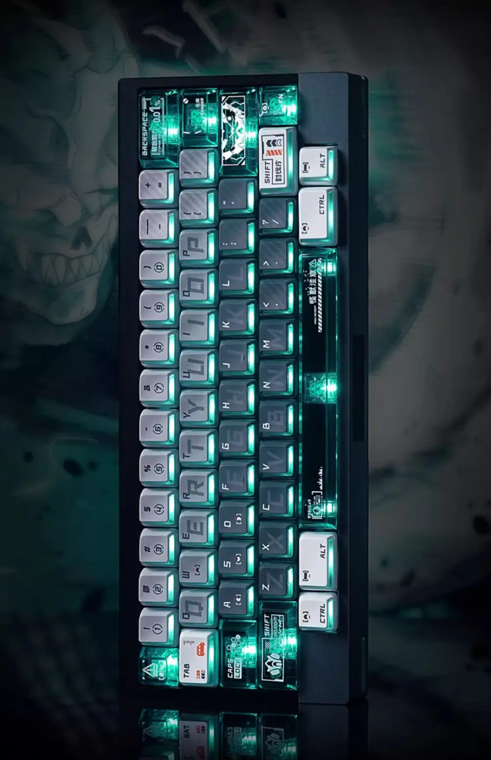 Vertical view of Kaiju No. 8 side-lit keycaps with bright green RGB glowing through PC edges.