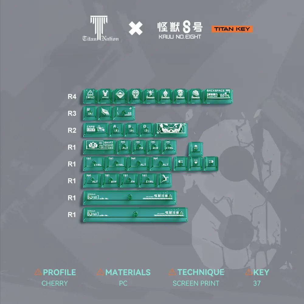 37 green PC transparent extension keycaps layout for Kaiju No. 8 merchandise in Cherry profile.