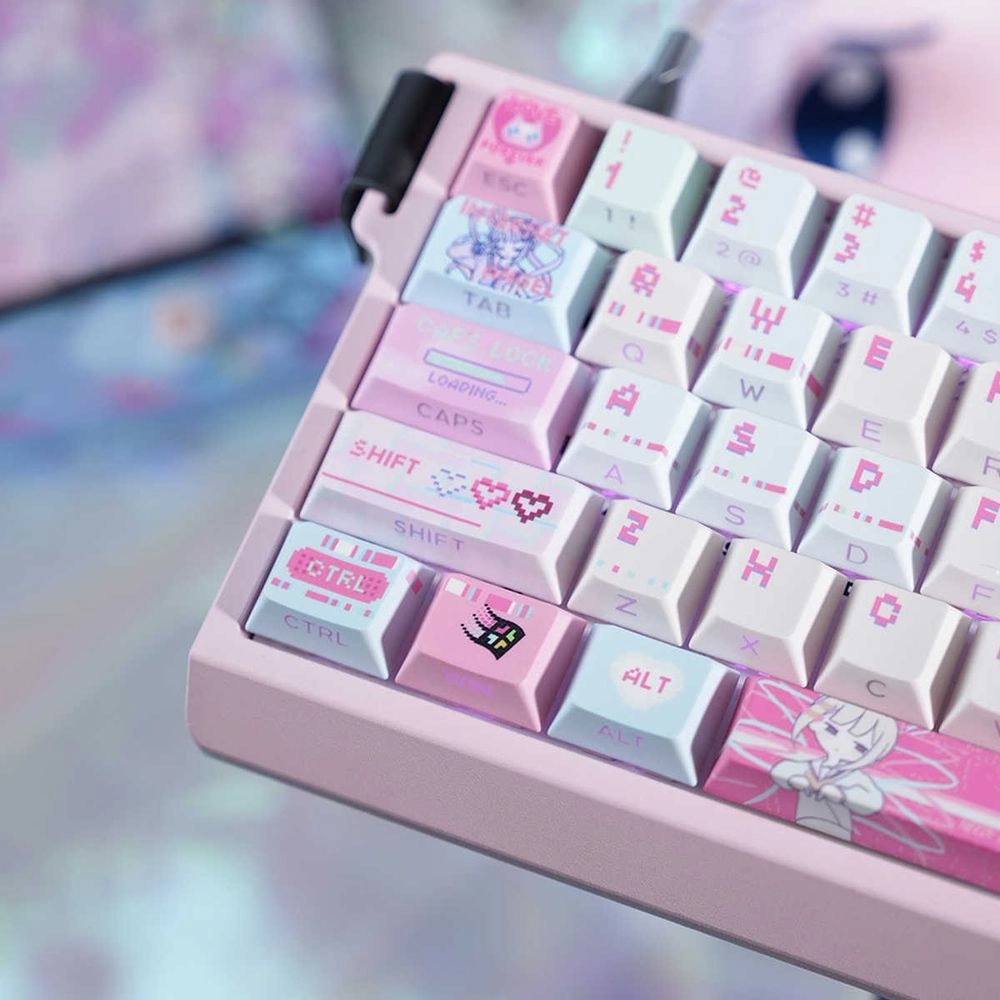 Close-up of Cherry profile keycaps showing KAngel character artwork on shift key and translucent side-lit modifiers