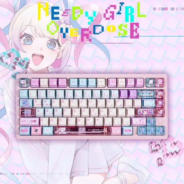 KAngel Pink PBT Keycaps Full Keyboard Front View with NEEDY GIRL OVERDOSE Theme Front-facing full keyboard view showing KAngel themed pink and purple PBT keycaps with NEEDY GIRL OVERDOSE anime artwork on novelty keys