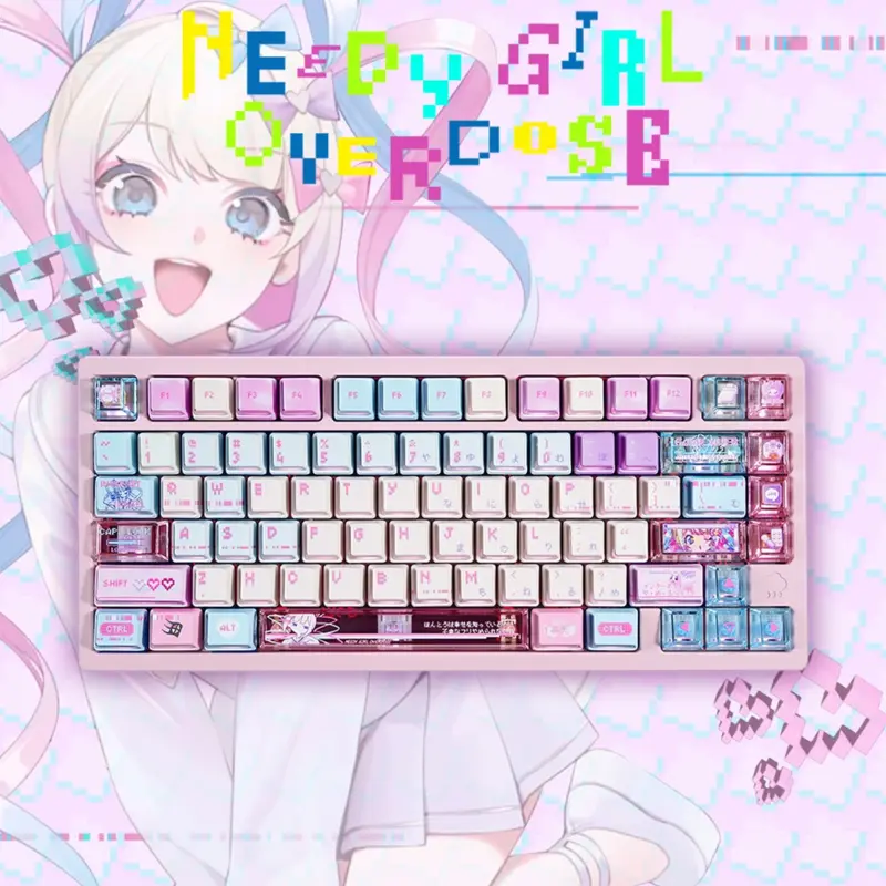 KAngel Pink PBT Keycaps Full Keyboard Front View with NEEDY GIRL OVERDOSE Theme Front-facing full keyboard view showing KAngel themed pink and purple PBT keycaps with NEEDY GIRL OVERDOSE anime artwork on novelty keys