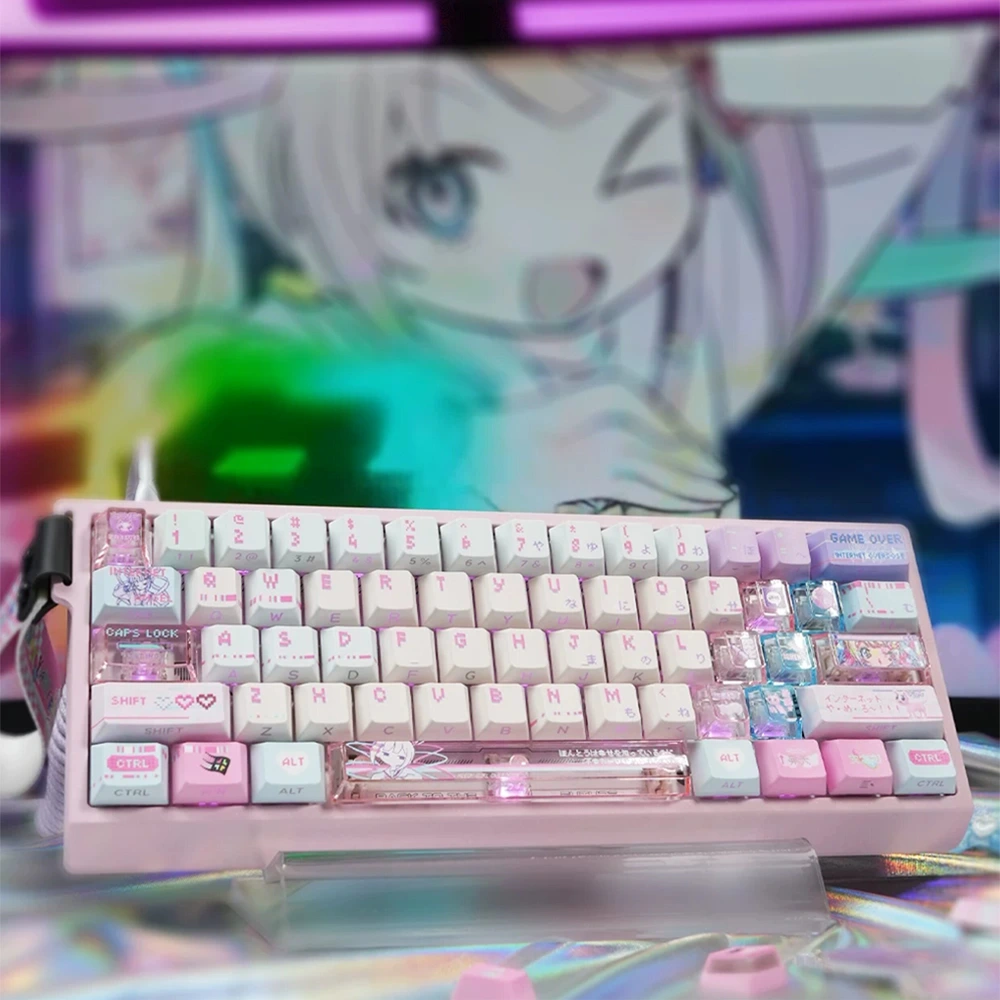 Lifestyle photo of KAngel pink PBT keycaps installed on a white mechanical keyboard with holographic desk mat and KAngel plush