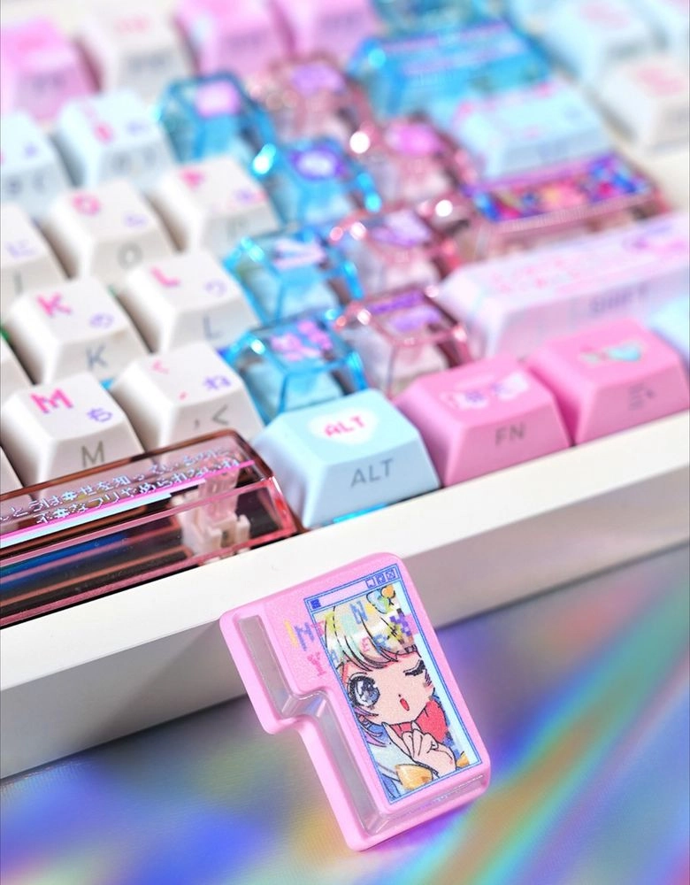 Close-up side angle of Nuclear Power profile keycaps showing taller L-shaped sculpted profile and translucent PC side-lit layers