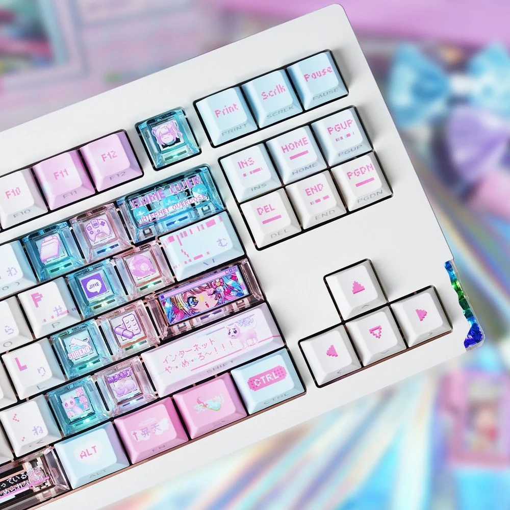 Side angle view of Cherry profile keycaps showing translucent PC bottom layer and RGB light transmission through side walls