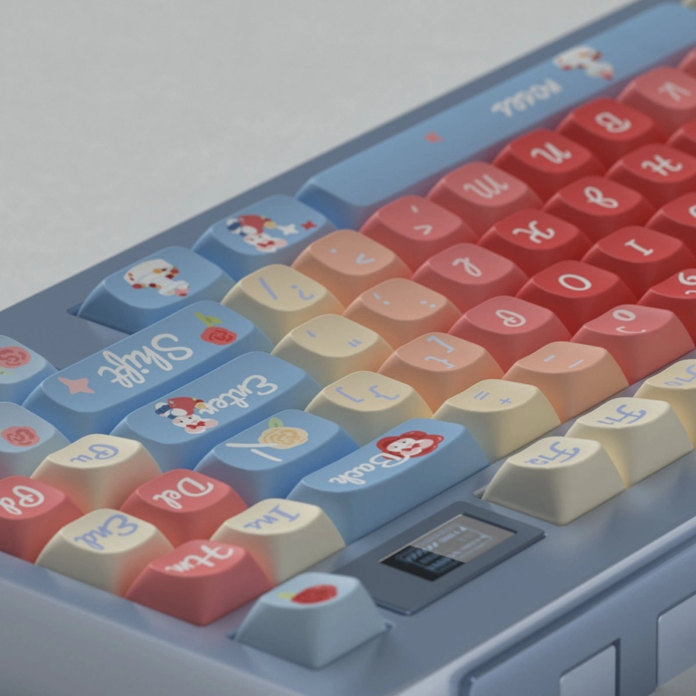 Close-up of Roses Poem keycaps showing kawaii cartoon character novelty keycaps, stars, rose, and smiley face designs on pastel blue, red, and beige keys