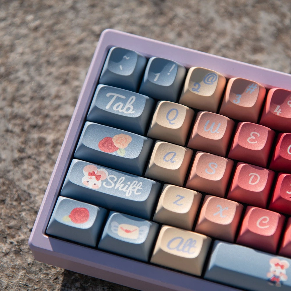 Roses Poem PBT keycaps angled close-up on granite stone background showing pastel keycap details