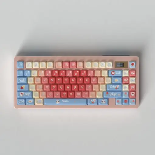Roses Poem Floral PBT Keycaps — Full Keyboard View Roses Poem PBT keycap set on pink mechanical keyboard with pastel pink, blue, cream and peach keys, cursive white legends, floral rose artwork, and kawaii novelty keys