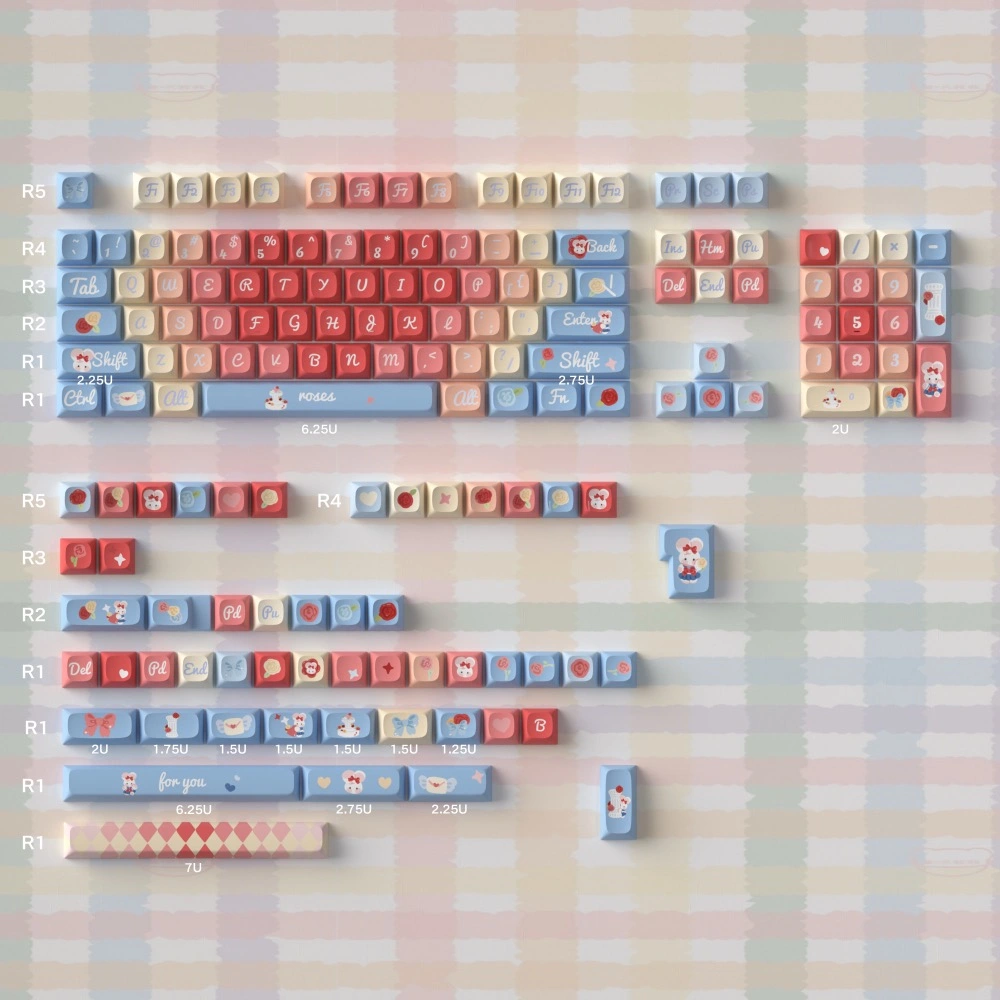 Roses Poem URE Profile keycap layout diagram showing all 156 keys included in the URE Profile variant with pastel color scheme