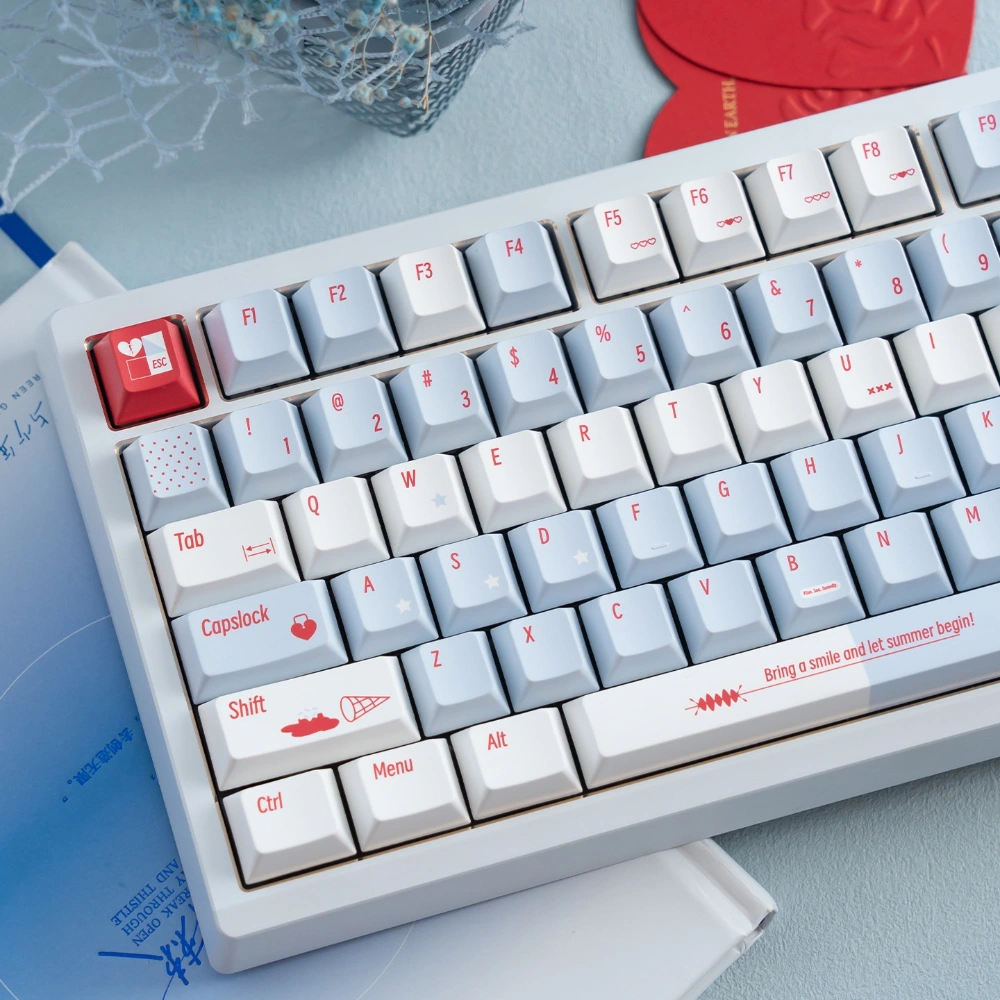 Summer Blue Cherry Profile PBT keycaps on a compact mechanical keyboard showing sculpted row profile